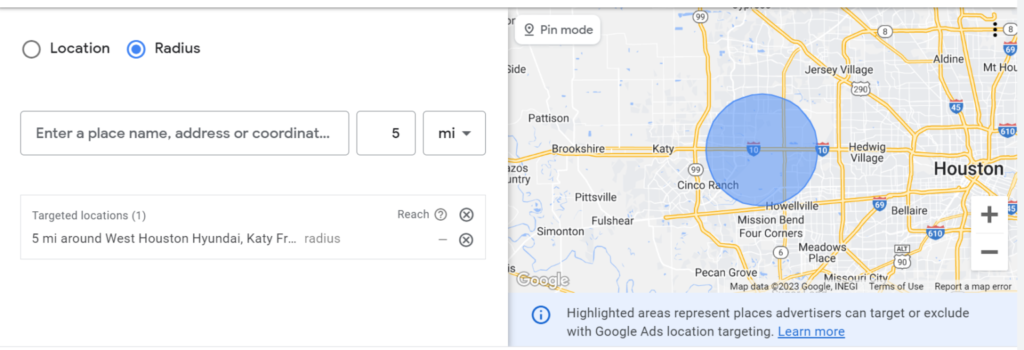 Example of using a 5 mile radius around a specific address, in this case, a Hyundai dealership in West Houston.